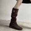 Todo-Vaca Turnover Hebilla de Cinturón Suave Estilo Coreano Botas de Montón de Moda Invierno 2024 Ciber-Popular Todo-Combinable Botas Vaqueras Botas Planas