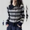 Suéter Tejido de Bloques de Color a Rayas Retro para Mujer 2026 Otoño Invierno Nueva Llegada Diseño con Cuello V Cardigan Top A14952