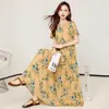 Vestido de Algodão e Seda Estampado da Moda para Mulheres Verão Tamanho Grande Solto Cobertura da Barriga de Mãe Gorda Aparência Emagrecimento Casual Floral Saia Longa
