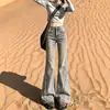 Jeans acampanados retro americanos de talla grande para mujer, de cintura alta con bordes deshilachados, diseño adelgazante, pantalones de campana