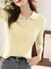Fio de Núcleo Novo Cardigã de Tricô Primavera e Outono Feminino Gola Polo Top Temperamento Rejuvenescedor Fechamento em Botão Único Camada Base Suéter Casaco