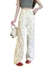 Pantalones vaqueros estampados de oso estilo coreano para mujer, primavera/verano, lindos pantalones largos blancos para mujeres petite, pantalones rectos de pierna ancha florales