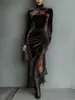 Moda Independente Feminina Europeia e Americana 2025 Amazon Vestido Longo de Veludo Gola Alta Slim-Fit Vestido Franzido Manga Longa Costas Abertas