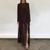 Vestido Sexy Marrom de Cross-Border para Mulheres, Coleção Primavera/Verão 2026, Transparente com Amarração no Pescoço Redondo, Manga Longa, Longo com Fenda e Saia Transparente