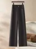 Calça de terno feminina em mistura de lã, espessada para aquecimento no outono e inverno, cintura alta, estilo wide leg, nova coleção 2025, calça casual de corte reto