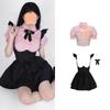 2025 Ropa Nueva para Mujer Linda Chica Rosa Camisa Manga Vuelo Vestido Traje Falda Suspender Negra con Tirantes