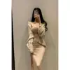 Ropa de Mujer Tk Sudeste Asiático Transfronteriza Body Ajustado Sexy con Abertura Alta y Cuello Bajo en U Vestido Femenino Delgado