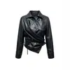 Camisa de PU con Cordones para Mujer con Cuello de Solapa, Dobladillo Abotonado y Diseño Irregular, Exclusivamente para la Venta Transfronteriza de Chaquetas de Cuero para Mujer