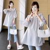 Camisa para Mujeres Embarazadas Moda Primavera Ajustada Versátil Casual Cuello Peter Pan Linda Manga Siete Puntos Top Largo Rayado para Verano