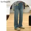 Jeans Rectos Azul Claro para Mujer 2025 Otoño e Invierno Tendencia Versátil Nuevo Forro Polar Cintura Alta Ajustados Pierna Ancha Caída Largo hasta el Suelo