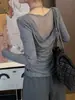 Top base de manga larga elástico con cuello en U y panel de malla en la espalda, corte ajustado, favorecedor, versátil, top interior básico