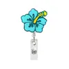 Porta-crachá de acrílico com glitter de flor de hibisco colorida, carretel retrátil para crachá, clipe de jacaré, fivela de puxar fácil, presente