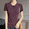 Camiseta de Verano con Cuello y Botones de Lyocell, Tejido Fino de Calibre 16, Manga Corta, Pulóver Fresco y Transpirable para Mujer