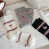 Calcetines de Cachorro Bordados a Rayas Estilo Coreano Otoño e Invierno para Mujer Doble Aguja Algodón Puro Calcetines Medianos Nicho Estilo Extranjero Ropa Exterior Calcetines Apilados