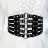 Cinto de Cintura Decorativo Feminino Vintage Vazado com Rebites para Vestido Lã Casaco Distintivo Ultra-largo Elástico Cinto de Cintura Elástico