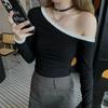 Venda Direta da Fábrica Camiseta Elegante de Manga Longa com Uma Alça para Mulheres, Novo Estilo Outono Inicial 2026, Puro Desejo Slim Fit Blusa Básica Color Block