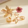 Juego de Seis Piezas de Anillos Abiertos Metálicos de Estilo Europeo y Americano con Goteo de Aceite, Florales, Geométricos Irregulares, Anillos para Dedo Índice y Joyería de Alta Gama Transfronteriza