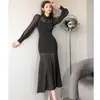 Comercio Exterior Ropa de Mujer 2025 Otoño Nuevo Estilo Coreano Moda Empalme Elegante Dama Ajustada Longitud Media con Volantes que Cubren el Trasero