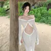 Protección Solar Playa Manga Larga Semitransparente Estilo Puro Deseo Holgada Sencilla Camiseta de Vacaciones Cubrebikini para Chica de Playa Ropa de Abrigo