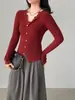 Blusa de Tricô Fina Jiangzuo, Camada Base, Gola V Francesa, Renda na Cintura, Modeladora, com Toque Elegante e de Alta Qualidade para Primavera C87