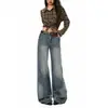 OOTD do 26º Dia!|Jeans Patchwork Lavado Retrô Americano Solto de Perna Reta Cintura Alta Emagrecedor Calças Compridas até o Chão