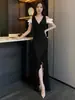 Vestido largo ajustado que realza la figura, con escote en V Bardot, ribete de volantes y abertura, elegante vestido de noche para mujer, estilo verano