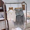 2025 Nuevo Traje de Verano para Niñas Diseño de Moda Chaleco de Punto Más Falda Asimétrica de Mezclilla con Malla Empalmada