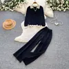 Conjunto de dos piezas de cárdigan de punto casual con cuello en V y pantalones de pierna ancha para mujer, conjunto de suéter versátil para el trabajo, corte slim, otoño 2026