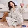 Pijama Nuevo de Primavera y Otoño para Mujer, Cárdigan de Manga Larga de Algodón Imitación, Conjunto Lindo de Dibujos Animados Casual para Usar en Casa para Mujer