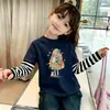 Roupa de Verão para Meninas: Camiseta Estampada Manga Longa Doce e Fofa, Top Patchwork Duas Peças de Verão para Crianças Maiores, Algodão Puro