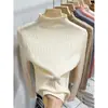 Tricô Branco Meia-Gola para Mulheres Estilo Outono/Inverno Chique Vazado Ajustado Camada Interna Suéter Top Curto de Base
