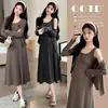 Ropa de maternidad para otoño e invierno: Conjunto de dos piezas con vestido de tirantes de nuevo estilo y cárdigan de punto, adelgazante y que cubre el abdomen, vestido largo suave y con caída para usar como prenda exterior