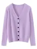 Cardigã de malha clássico com decote em V, novo modelo outono e inverno, suéter 100% caxemira pura, blusa de manga longa de cor sólida com abotoamento simples