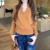Suéter Chic Coreano Elegante de Otoño e Invierno con Cuello en V Cruzado, Top de Punto Adelgazante que Resalta la Cintura, Camisa Básica Ajustada de Manga Larga