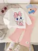 Conjunto de Sudadera de Manga Larga con Cuello Redondo y Estampado de Gato de Dibujos Animados Lindo para Bebés + Pantalones Acampanados de Microfibra de Crepé
