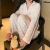 Conjunto de pijama para mujer de manga larga y pantalón largo, de algodón suave tipo anti-bolitas, se puede usar afuera como ropa casual para estar en casa. (Oro