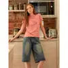 3345 # Shorts Jeans Casuais de Algodão Lavado Estilo Retrô Primavera Viagem Modelagem Solta Perna Larga Seis Pontos