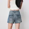 Shorts de mezclilla de tiro alto con doble botón, color Naranja Juvenil # Caqui, para mujer, adelgazantes y favorecedores, modernos y versátiles, pantalones de tres cuartos elásticos