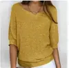 Nuevo de Primavera Estilo Europeo y Americano Transfronterizo Color Sólido Cuello Redondo Tejido Ropa de Trabajo para Mujer Elegante Top de Manga Tres Cuartos Camisa para Aire Acondicionado