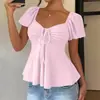 2026 Verano Nuevo Amazon TUME Estilo Europeo y Americano Cuello en V Cordón de Ajuste Manga Corta Sexy Color Sólido Camiseta para Mujer