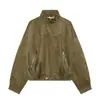 Ropa de mujer transfronteriza otoño e invierno nuevo estilo europeo y americano moda moderna gamuza cuello alto cintura plisada cremallera chaqueta