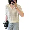 Camisa de Punto de Seda Helada de Manga Corta con Cuello Marino Estilo Coreano Nuevo Verano 2026 para Mujer, Corte Holgado, Adelgazante, Camiseta Versátil, Top Delgado