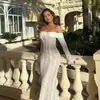 Moda Femenina Nueva de Verano 2026 Estilo Europeo y Americano Vestido de Encaje con Hombros Descubiertos Lazo Mangas de Campana