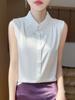 Camisa sin mangas con solapa y costuras de encaje para mujer, chaleco drapeado de satén fino, resistente a las arrugas, con base interior de moda para primavera y verano