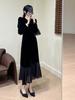 Vestido de terciopelo negro de alta calidad para mujer, estilo Hepburn, estilo occidental, temperamento francés, falda larga, primavera y otoño.