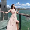 Vestido de Cinta Francés Retro de Tres Colores para Mujer, Nuevo Estilo de Verano, Estilo de Resort Costero, Vestido Largo Ajustado, Rojo