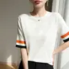 Camiseta de punto de seda helada de verano, cuello redondo, manga corta, bloques de color, estilo coreano, casual, holgada, fina, para mujer