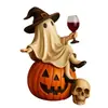 Fantasma de Halloween Levantando una Copa de Vino Calabaza Dulcera Linterna Adorno de Resina Linda Decoración de Escritorio Luminosa Artesanía