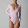 Body de manga larga SKIM Kardashian con escote en V y encaje, manga larga, una pieza, alta elasticidad, capa interior, una pieza