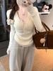 Punto de manga larga con cuello en V Otoño e Invierno Dulce y Picante Ropa Interior Ajustada Blanco Invierno Temprano Fondo Slim Top para Mujer Gris Fino